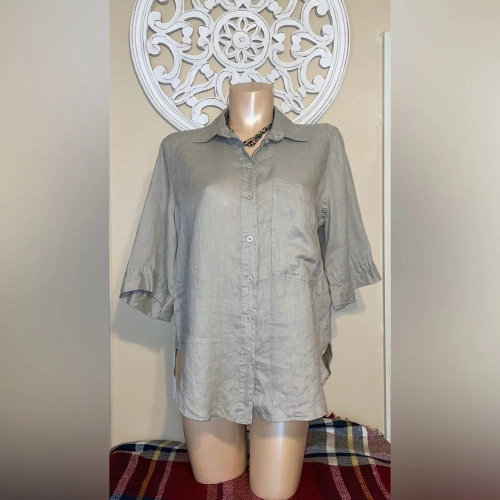 Zara women’s shirt medium button pocket oversized linen green grey short sleeve